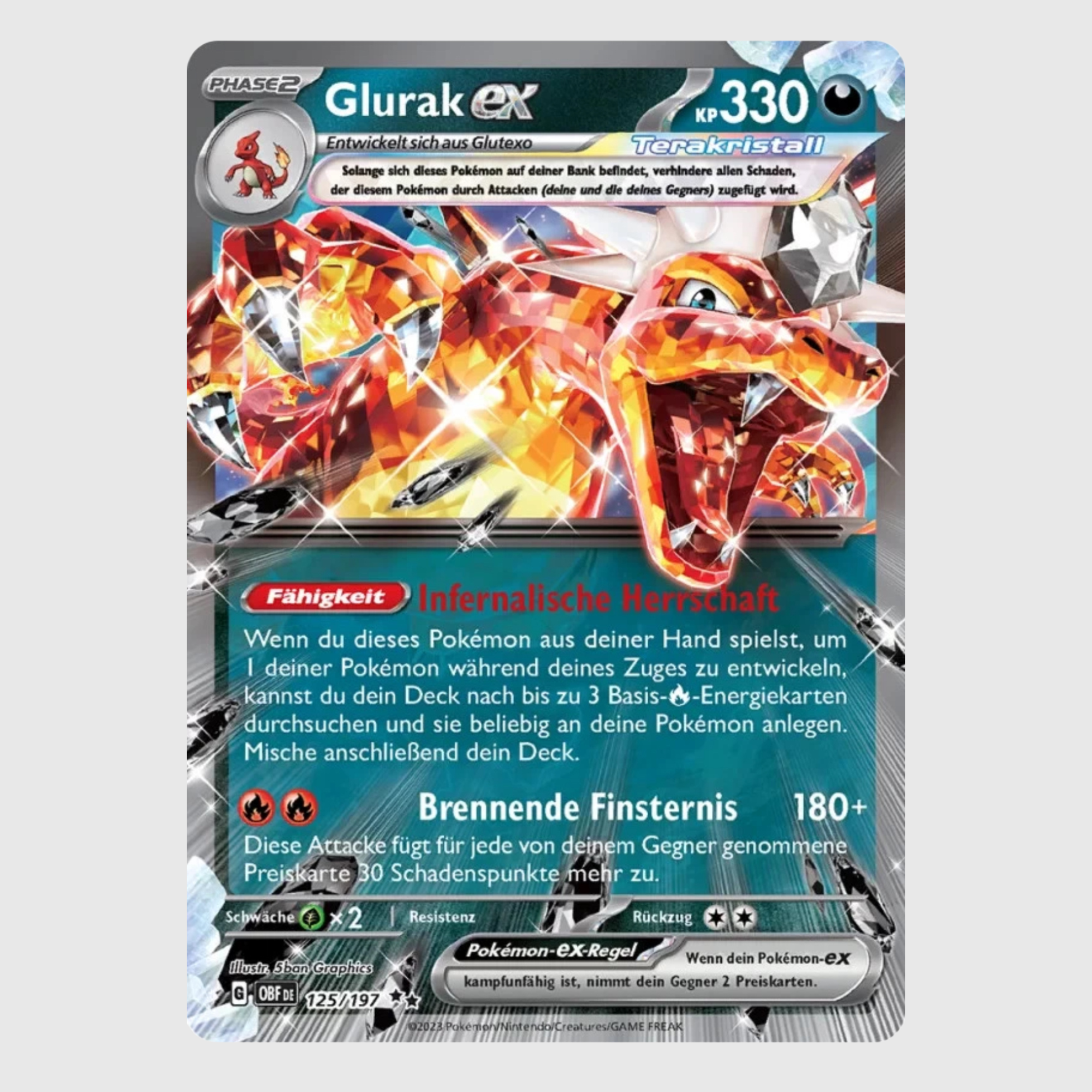 POKÉMON GLURAK EX 125/197 – OBSIDIAN FLAMMEN – HOLO RARE EX (DEUTSCH) – NEAR MINT
