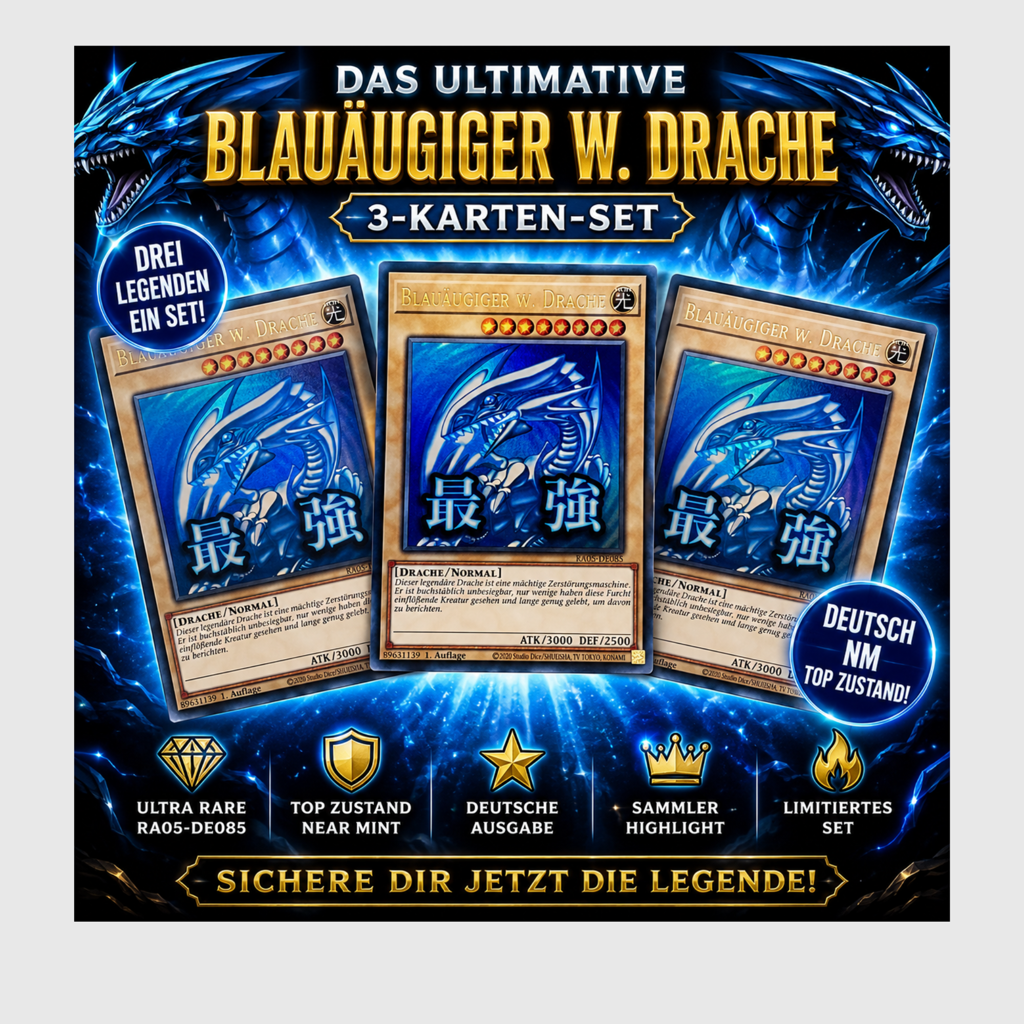 YU-GI-OH! BLAUÄUGIGER W. DRACHE RA05-DE085 – 3-KARTEN-SET – ULTRA RARE – NEAR MINT (DEUTSCH)
