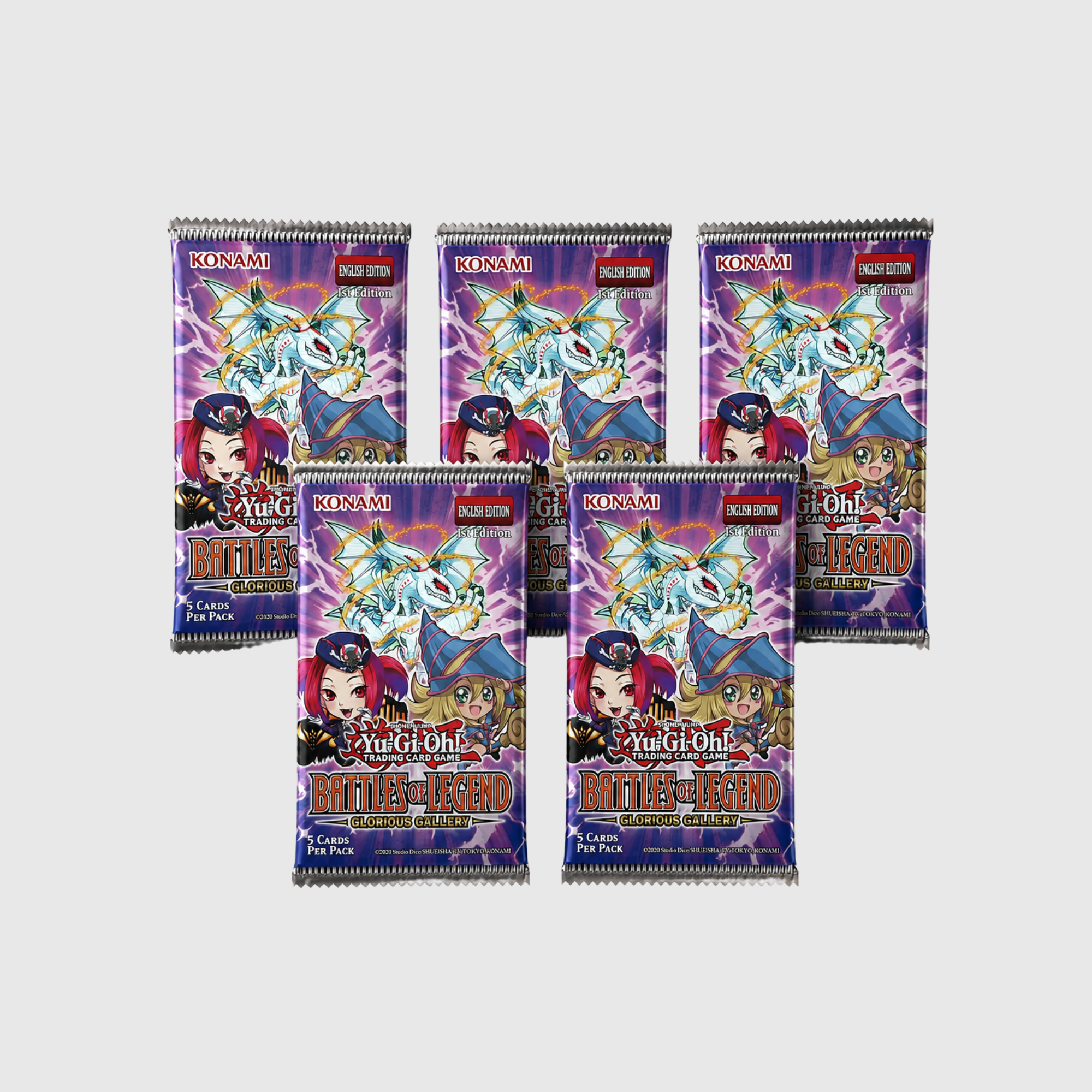 YU-GI-OH! BATTLES OF LEGEND: GLORIOUS GALLERY – 5 BOOSTER PACKS – 1ST EDITION – OVP